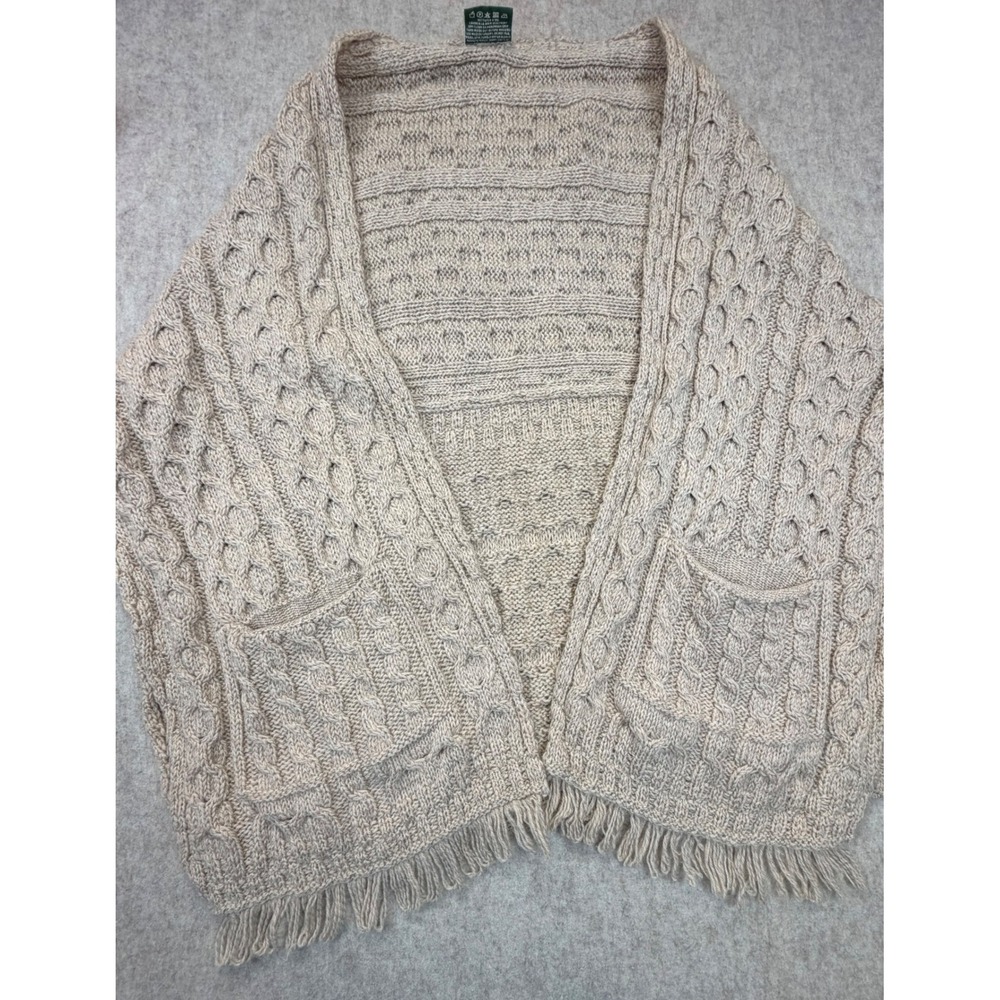 Carraig Donn Sweater Women One Size Tan Cape Aran Merino Wool Open Cardigan - Picture 7 of 8
